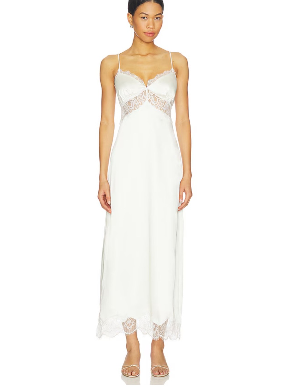 Lace-Trim White Slip Chemise with Sheer Lace Panels